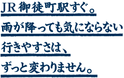 JR御徒町駅すぐ。雨が降っても気にならない行きやすさは、ずっと変わりません。